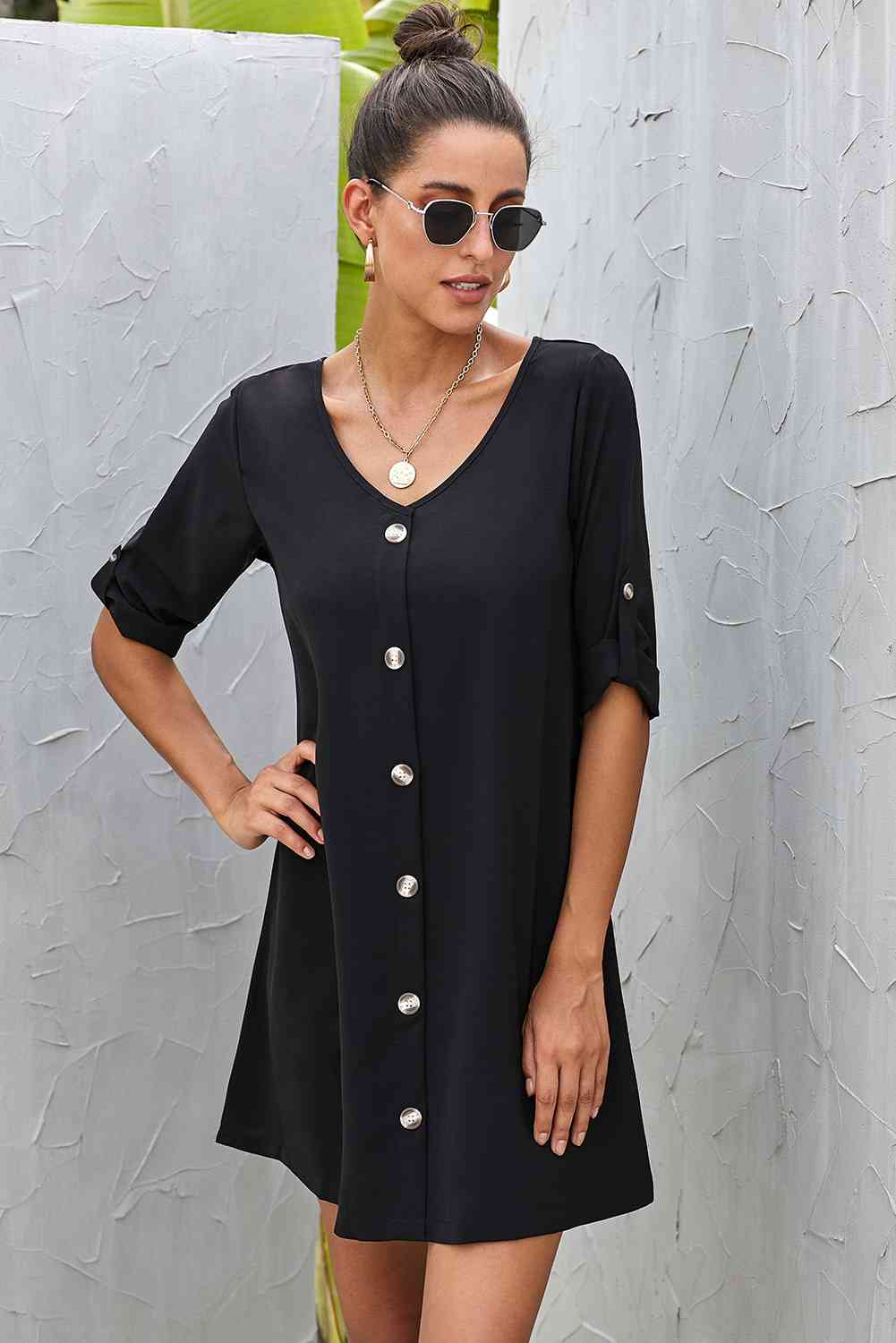 Basic Beaches Collective Black / S Buttoned V-Neck Dress Buttoned V-Neck Dress