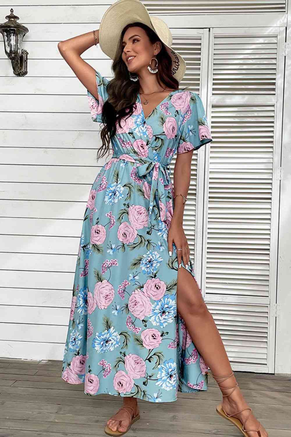 Basic Beaches Collective Blue / S Floral Tie-Waist Slit Surplice Maxi Dress Floral Tie-Waist Slit Surplice Maxi Dress