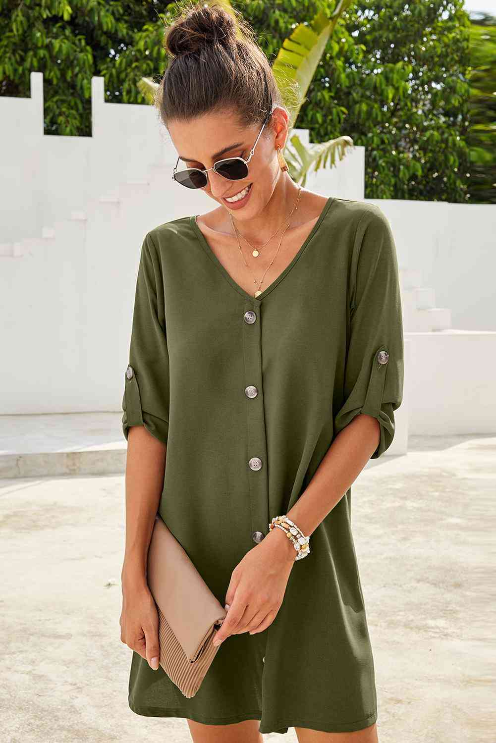 Basic Beaches Collective Buttoned V-Neck Dress Buttoned V-Neck Dress
