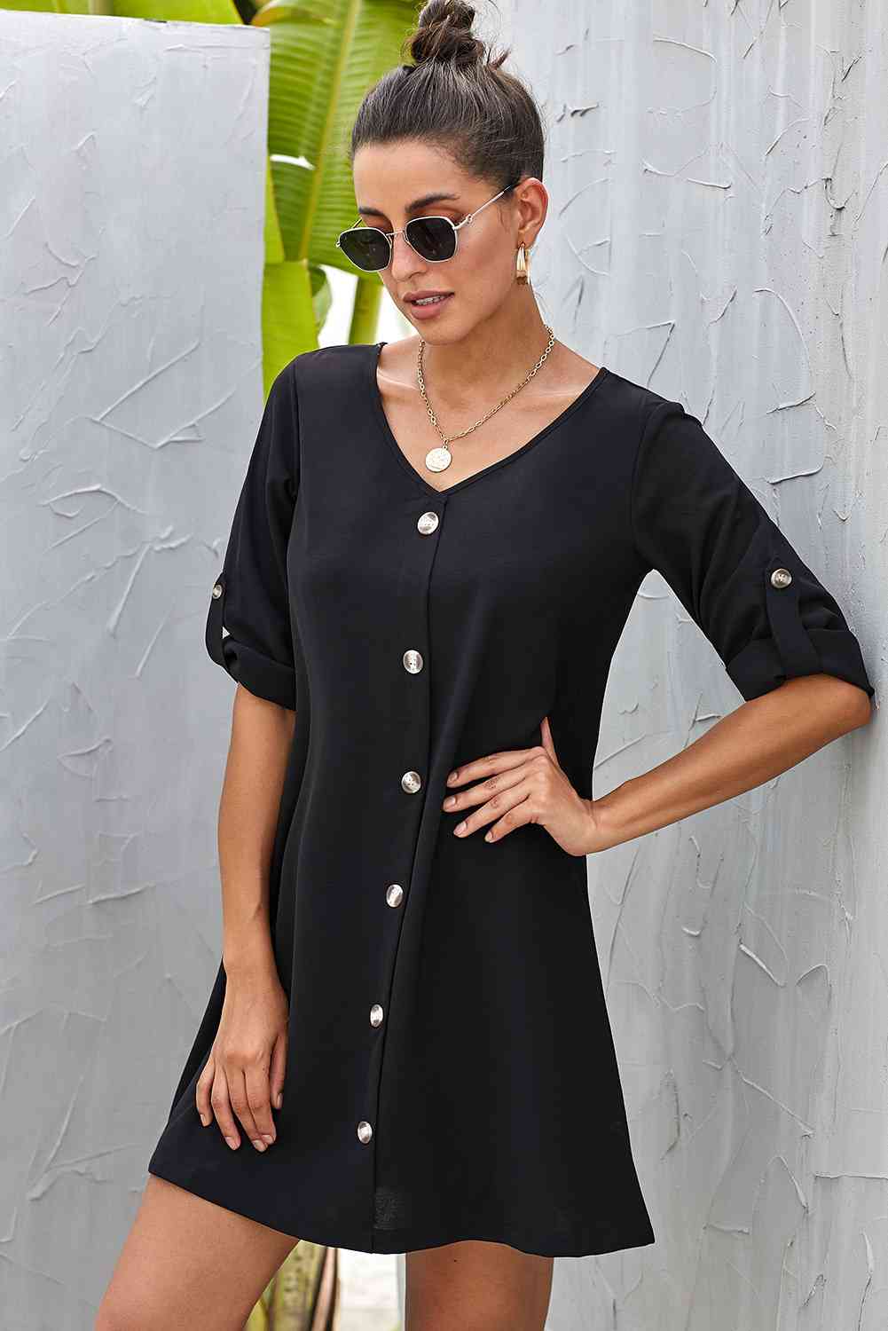 Basic Beaches Collective Buttoned V-Neck Dress Buttoned V-Neck Dress