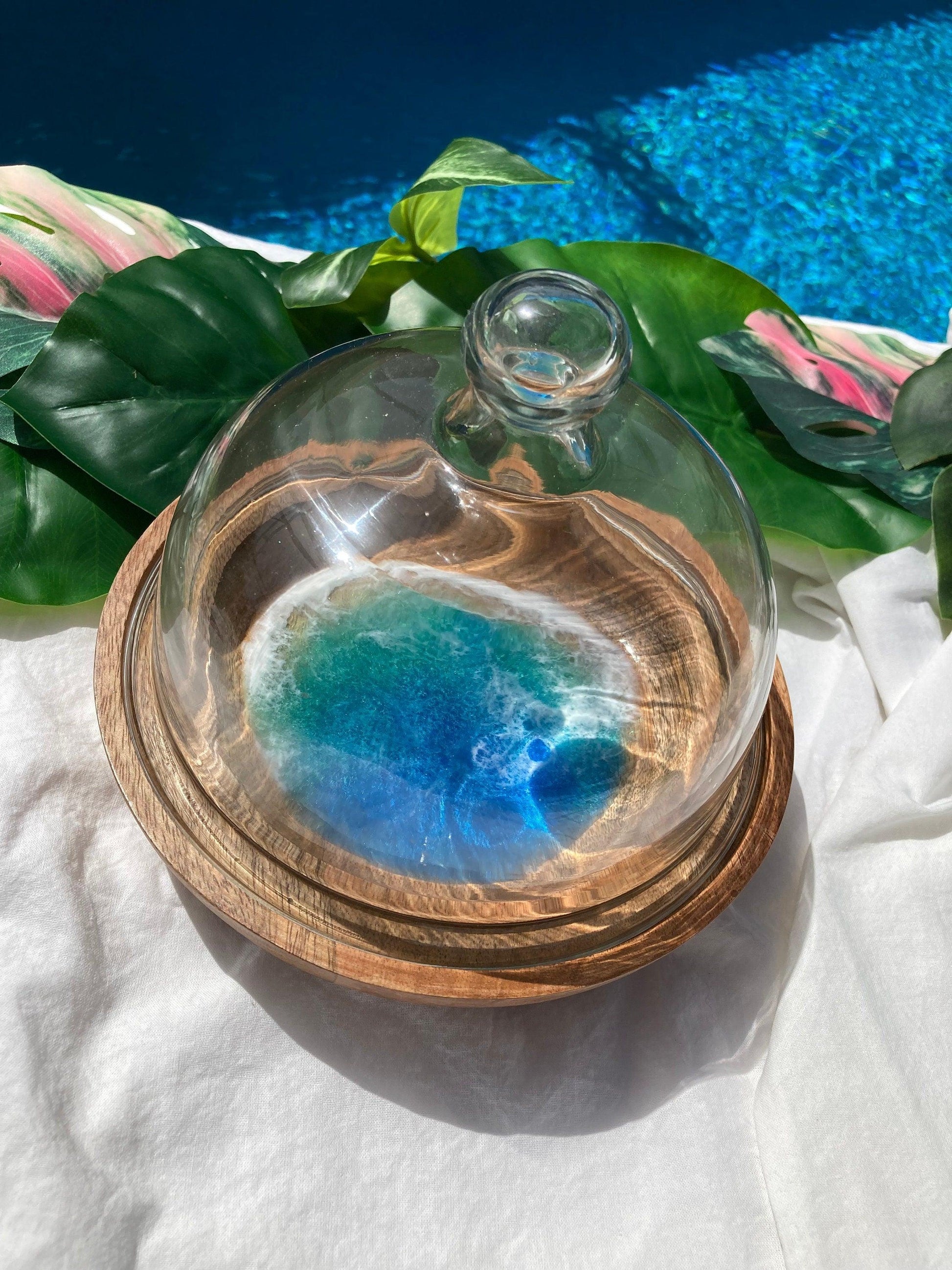 Basic Beaches Collective Coastal Decor Glass Cheese Dome with Ocean Resin Accent Coastal Decor Glass Cheese Dome with Ocean Resin Accent