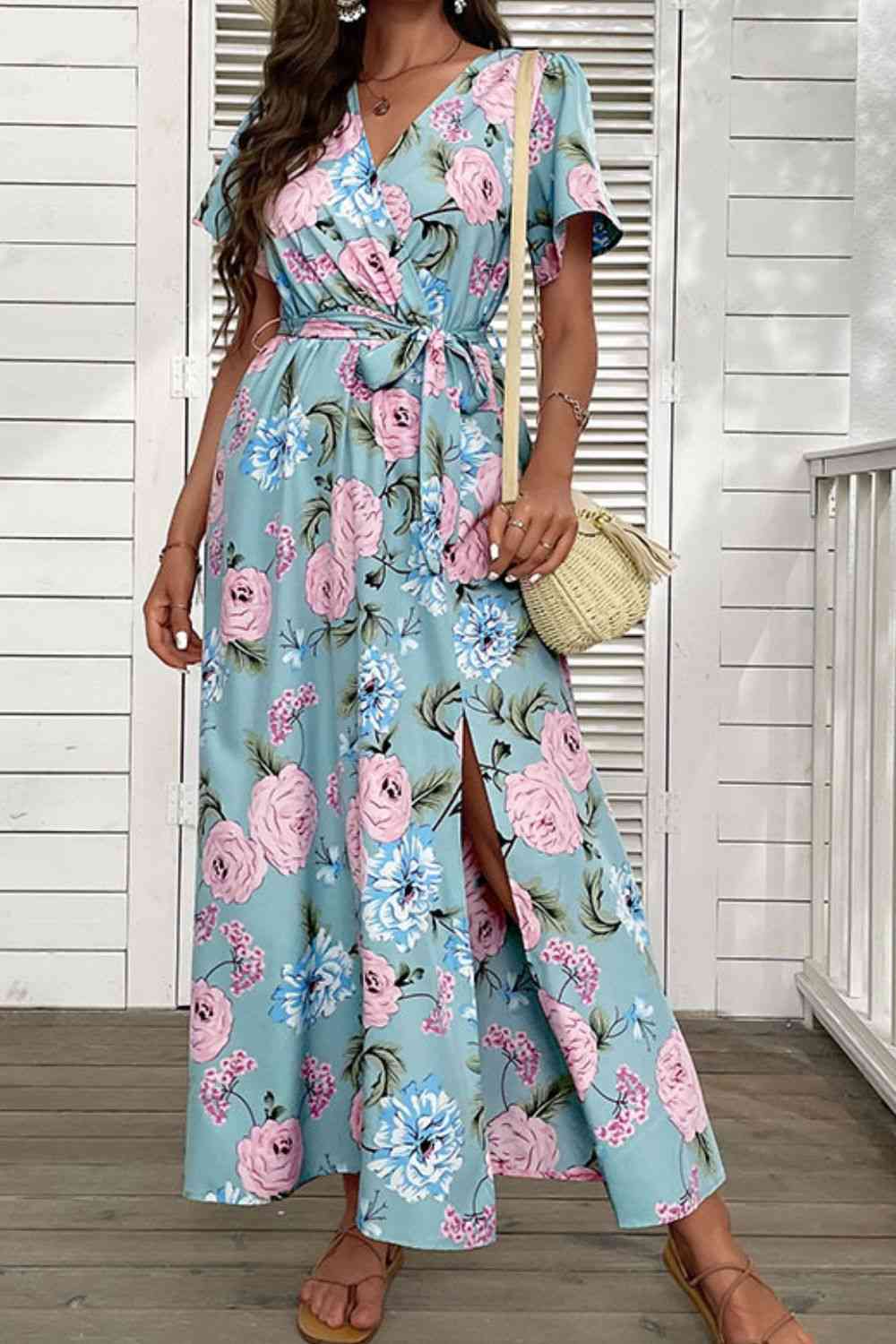 Basic Beaches Collective Floral Tie-Waist Slit Surplice Maxi Dress Floral Tie-Waist Slit Surplice Maxi Dress