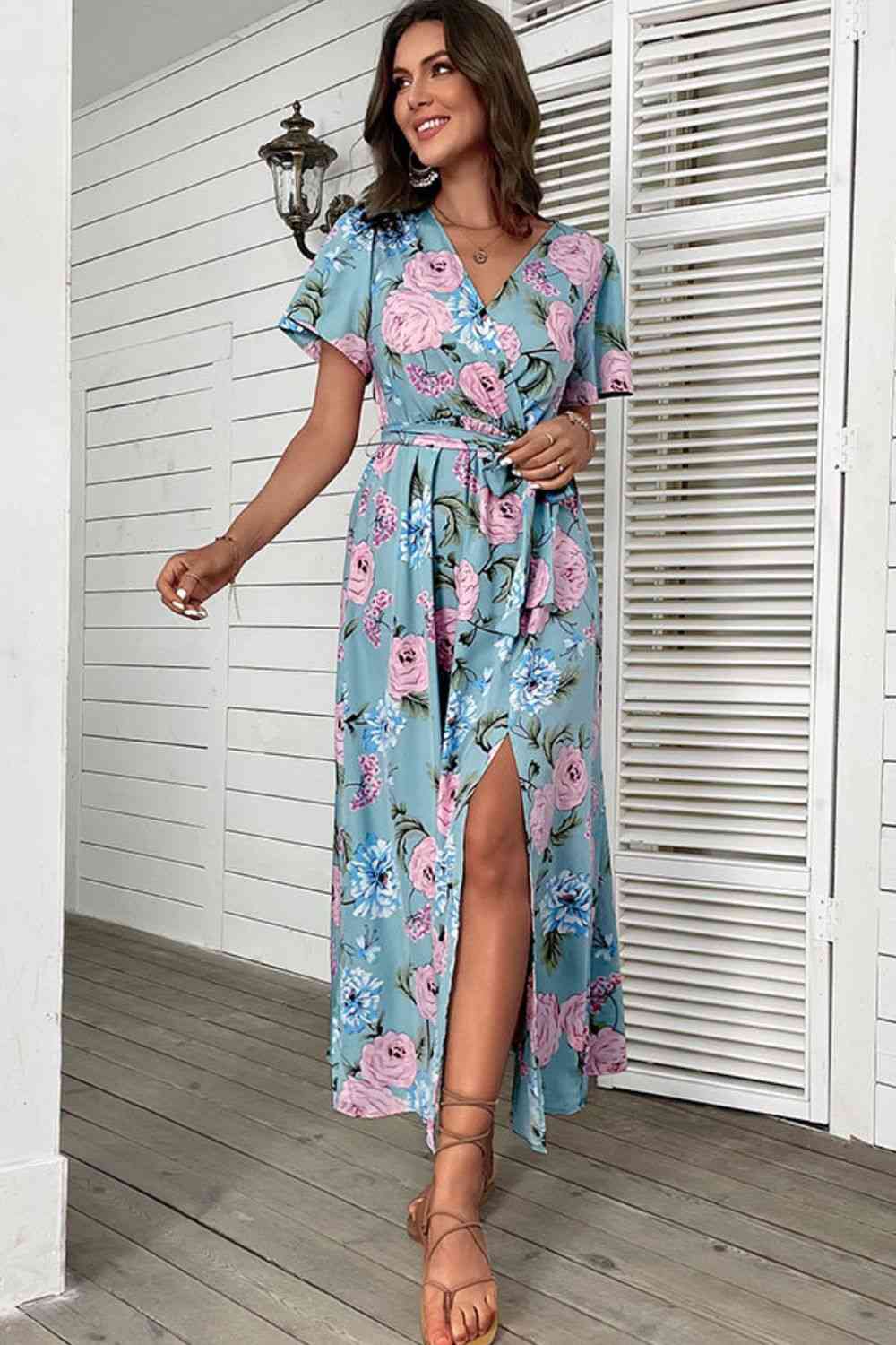 Basic Beaches Collective Floral Tie-Waist Slit Surplice Maxi Dress Floral Tie-Waist Slit Surplice Maxi Dress