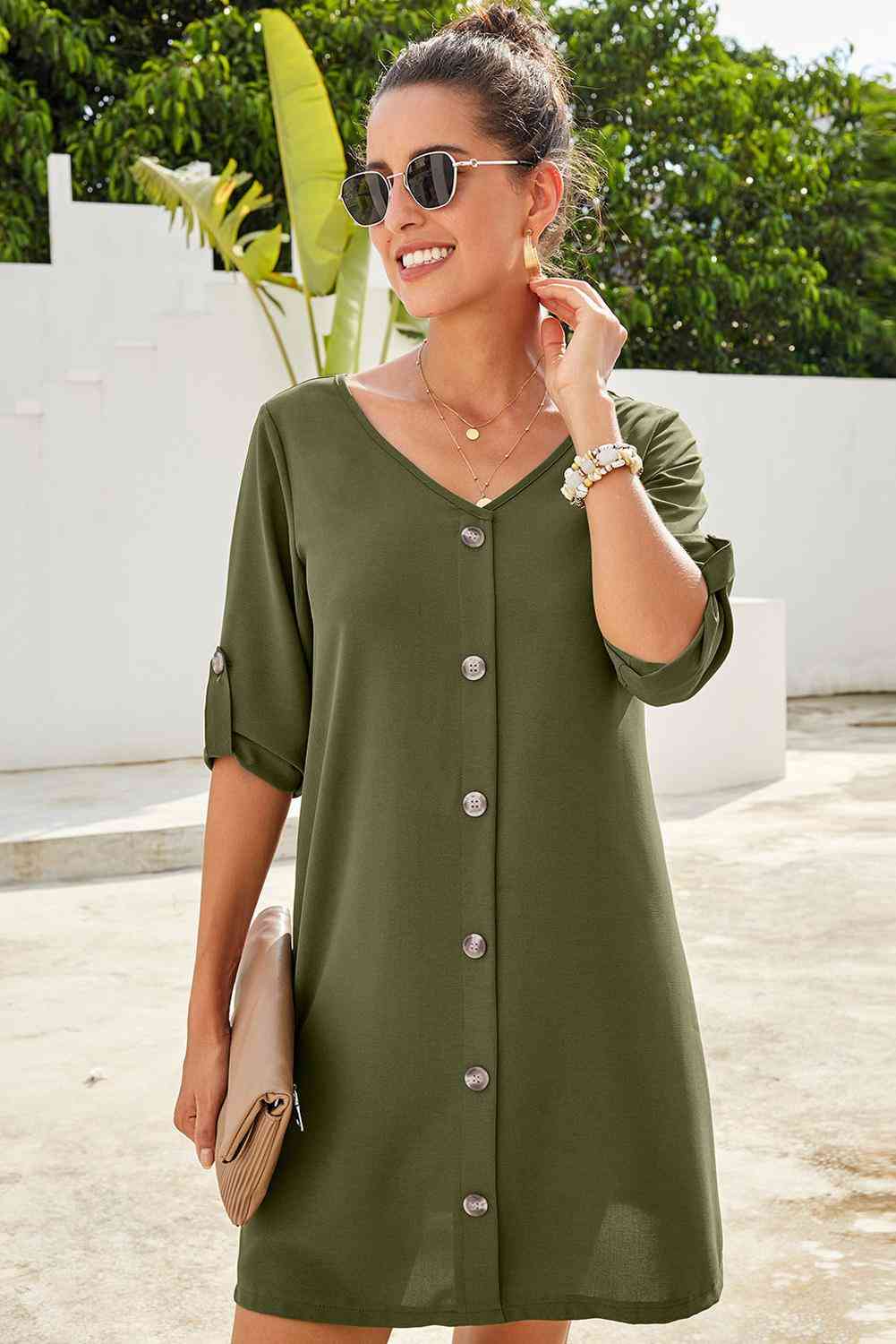 Basic Beaches Collective Green / S Buttoned V-Neck Dress Buttoned V-Neck Dress