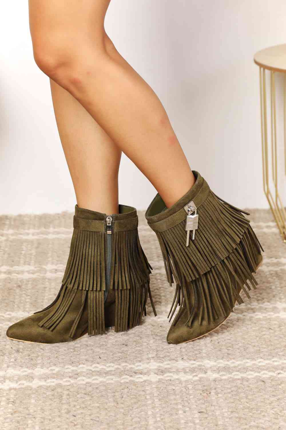 Basic Beaches Collective Olive / 6 Legend Women's Tassel Wedge Heel Ankle Booties Legend Women's Tassel Wedge Heel Ankle Booties