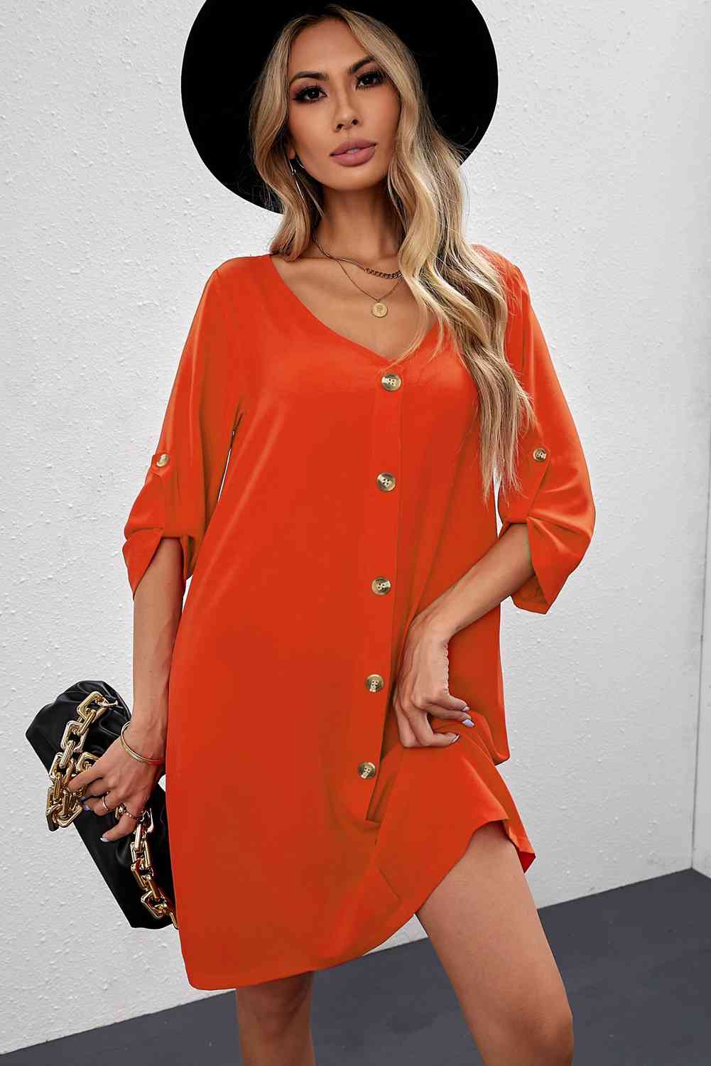 Basic Beaches Collective Red Orange / S Buttoned V-Neck Dress Buttoned V-Neck Dress