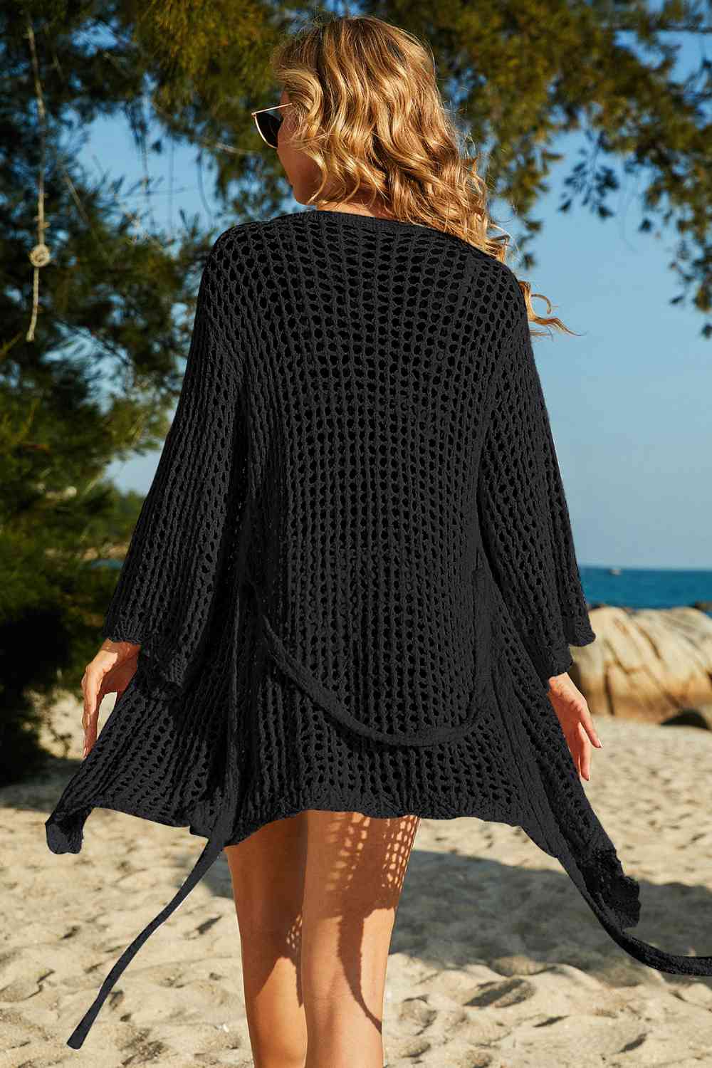 Basic Beaches Collective Tie-Waist Openwork Crochet Cover Up Tie-Waist Openwork Crochet Cover Up