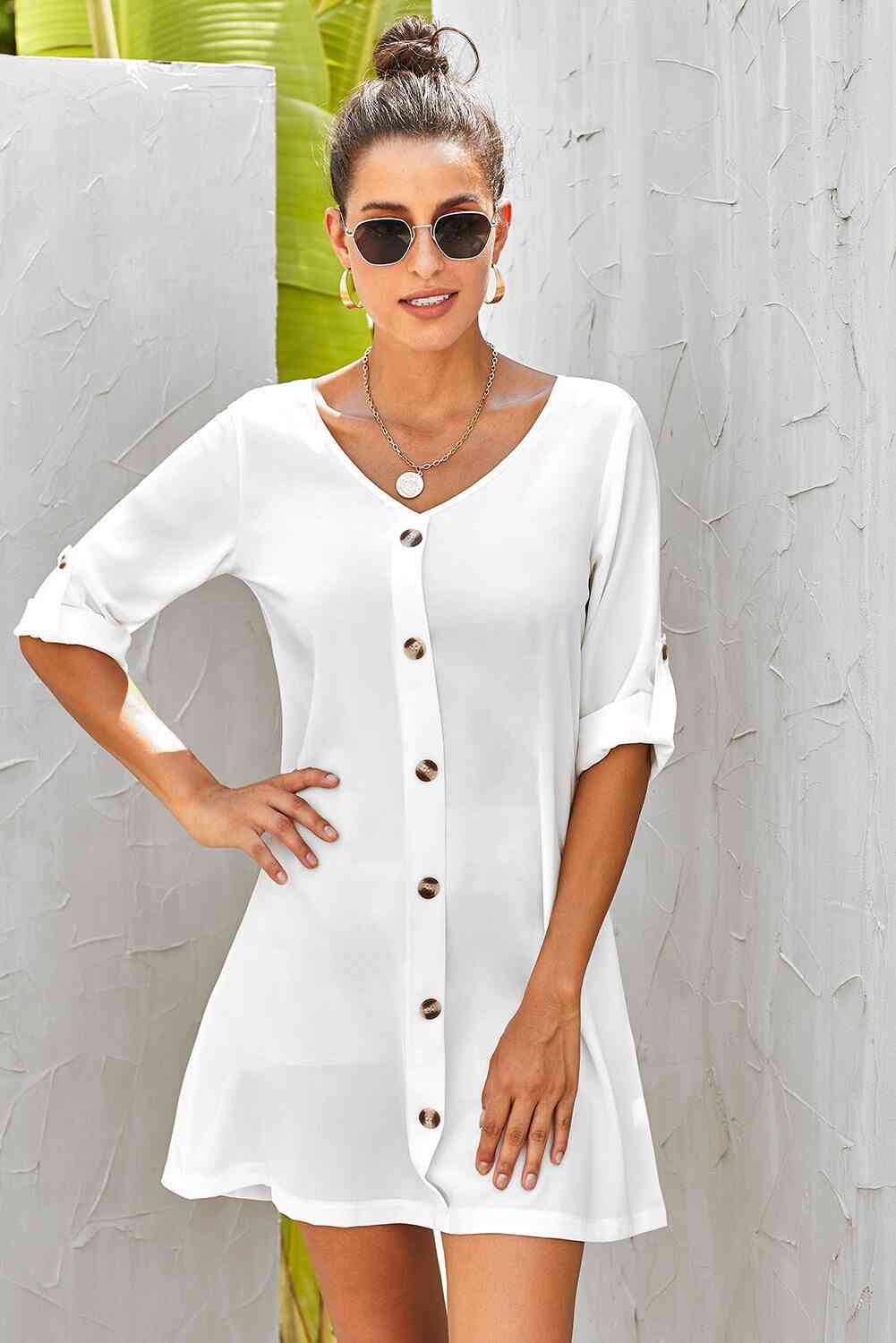 Basic Beaches Collective White / S Buttoned V-Neck Dress Buttoned V-Neck Dress