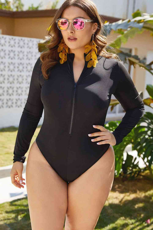 Basic Beauty Zip Up Long Sleeve One-Piece Swimsuit - Basic Beaches Collective