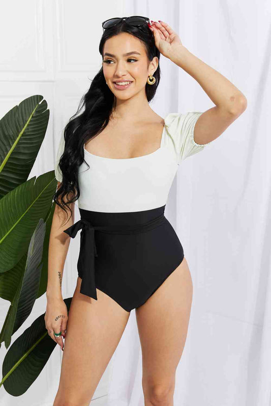 Cottegecore Swim Salty Air Puff Sleeve One-Piece in Cream/Black - Basic Beaches Collective