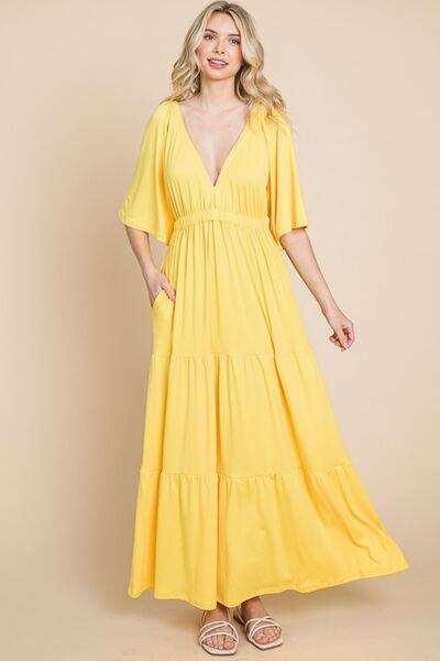 Culture Code Backless Plunge Half Sleeve Tiered Dress - Basic Beaches Collective