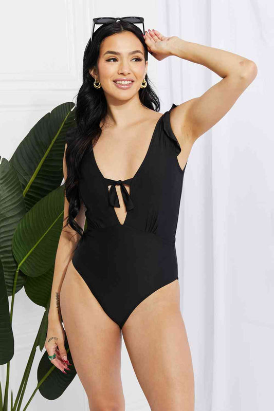 Seashell Ruffle Sleeve One-Piece in Black - Basic Beaches Collective