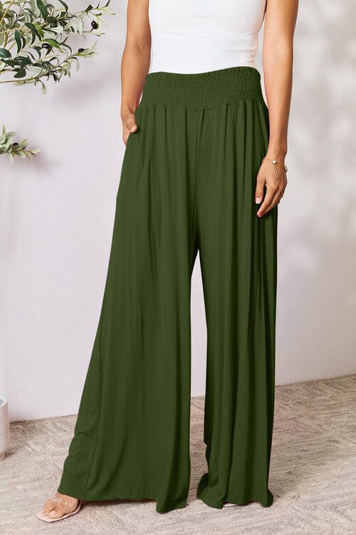 Trendsi Army Green / S Double Take Full Size Smocked Wide Waistband Wide Leg Pants Double Take Full Size Smocked Wide Waistband Wide Leg Pants