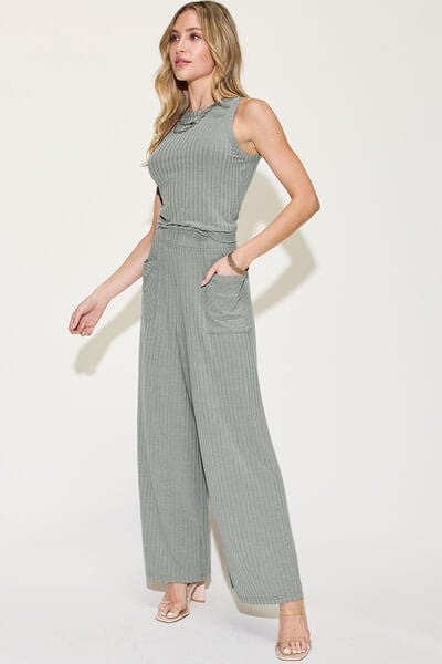 Trendsi Basic Bae Full Size Ribbed Tank and Wide Leg Pants Set Basic Bae Full Size Ribbed Tank and Wide Leg Pants Set