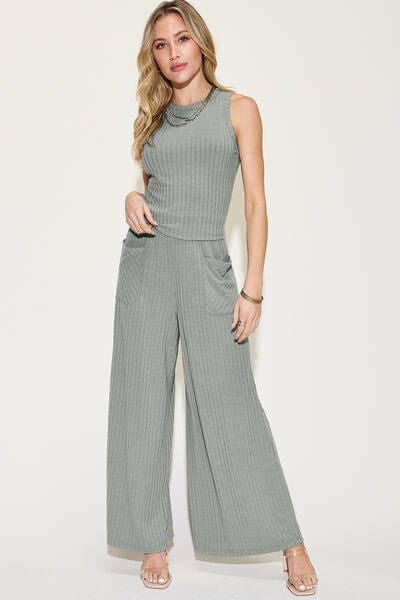 Trendsi Basic Bae Full Size Ribbed Tank and Wide Leg Pants Set Basic Bae Full Size Ribbed Tank and Wide Leg Pants Set