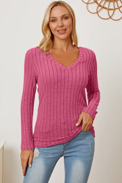 Trendsi Basic Bae Full Size Ribbed V-Neck Long Sleeve T-Shirt Basic Bae Full Size Ribbed V-Neck Long Sleeve T-Shirt
