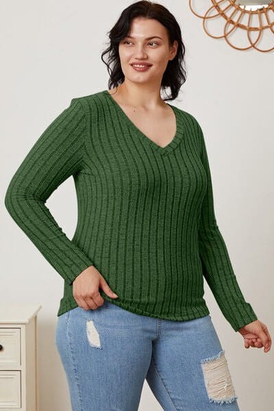 Trendsi Basic Bae Full Size Ribbed V-Neck Long Sleeve T-Shirt Basic Bae Full Size Ribbed V-Neck Long Sleeve T-Shirt