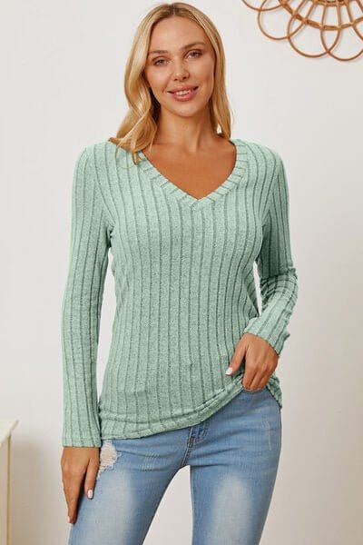 Trendsi Basic Bae Full Size Ribbed V-Neck Long Sleeve T-Shirt Basic Bae Full Size Ribbed V-Neck Long Sleeve T-Shirt
