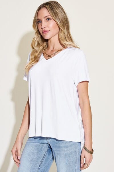 Trendsi Basic Bae Full Size V-Neck High-Low T-Shirt Basic Bae Full Size V-Neck High-Low T-Shirt