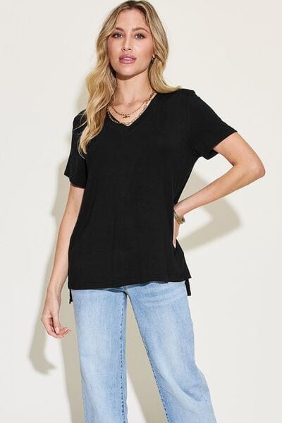 Trendsi Basic Bae Full Size V-Neck High-Low T-Shirt Basic Bae Full Size V-Neck High-Low T-Shirt