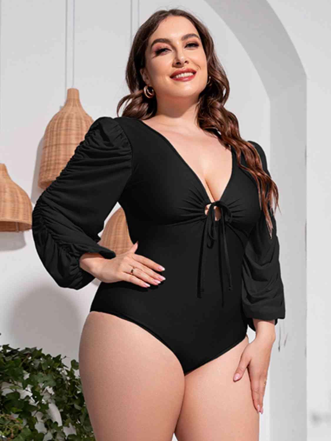 Trendsi Black / 2XL Plus Size Tied Deep V Balloon Sleeve One-Piece Swimsuit Plus Size Tied Deep V Balloon Sleeve One-Piece Swimsuit