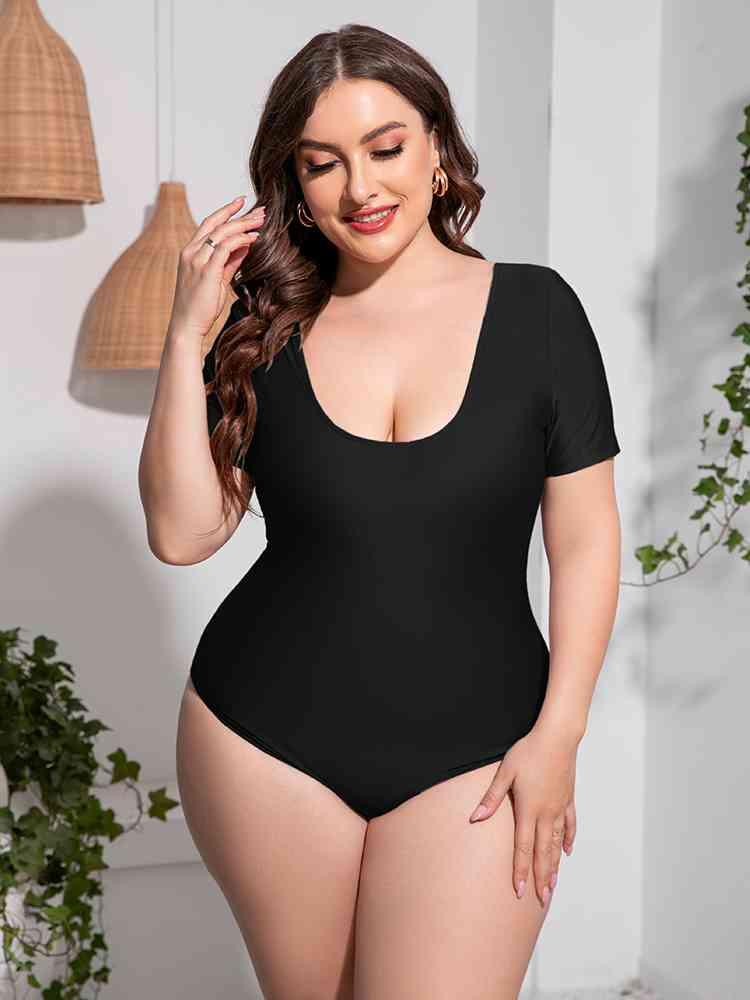 Trendsi Black / 2XL Scoop Neck Short Sleeve One-Piece Swimsuit Scoop Neck Short Sleeve One-Piece Swimsuit