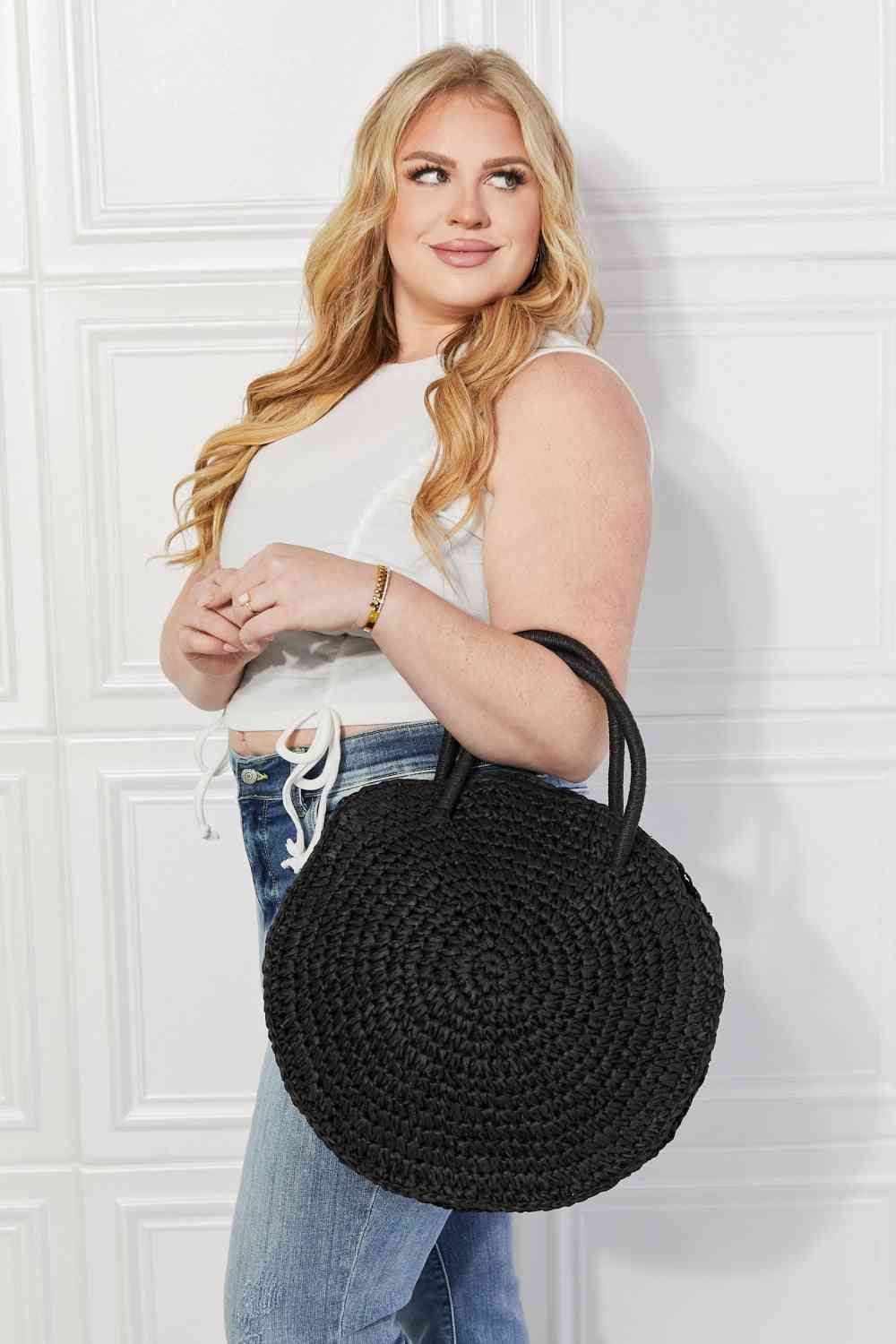 Trendsi Black / One Size Justin Taylor Beach Date Straw Rattan Handbag in Black Justin Taylor Beach Date Straw Rattan Handbag in Black