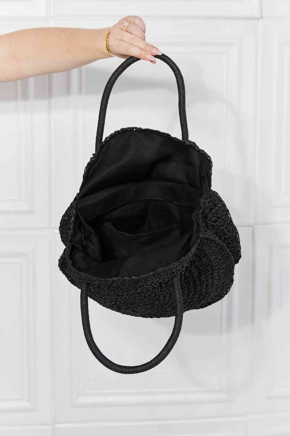 Trendsi Black / One Size Justin Taylor Beach Date Straw Rattan Handbag in Black Justin Taylor Beach Date Straw Rattan Handbag in Black
