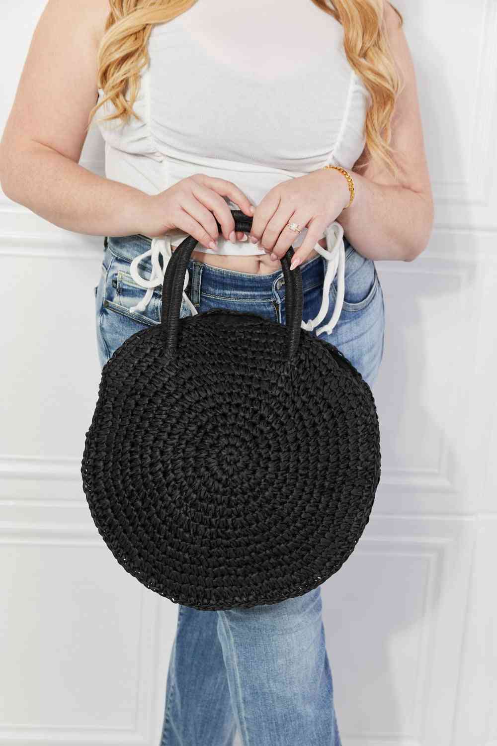 Trendsi Black / One Size Justin Taylor Beach Date Straw Rattan Handbag in Black Justin Taylor Beach Date Straw Rattan Handbag in Black