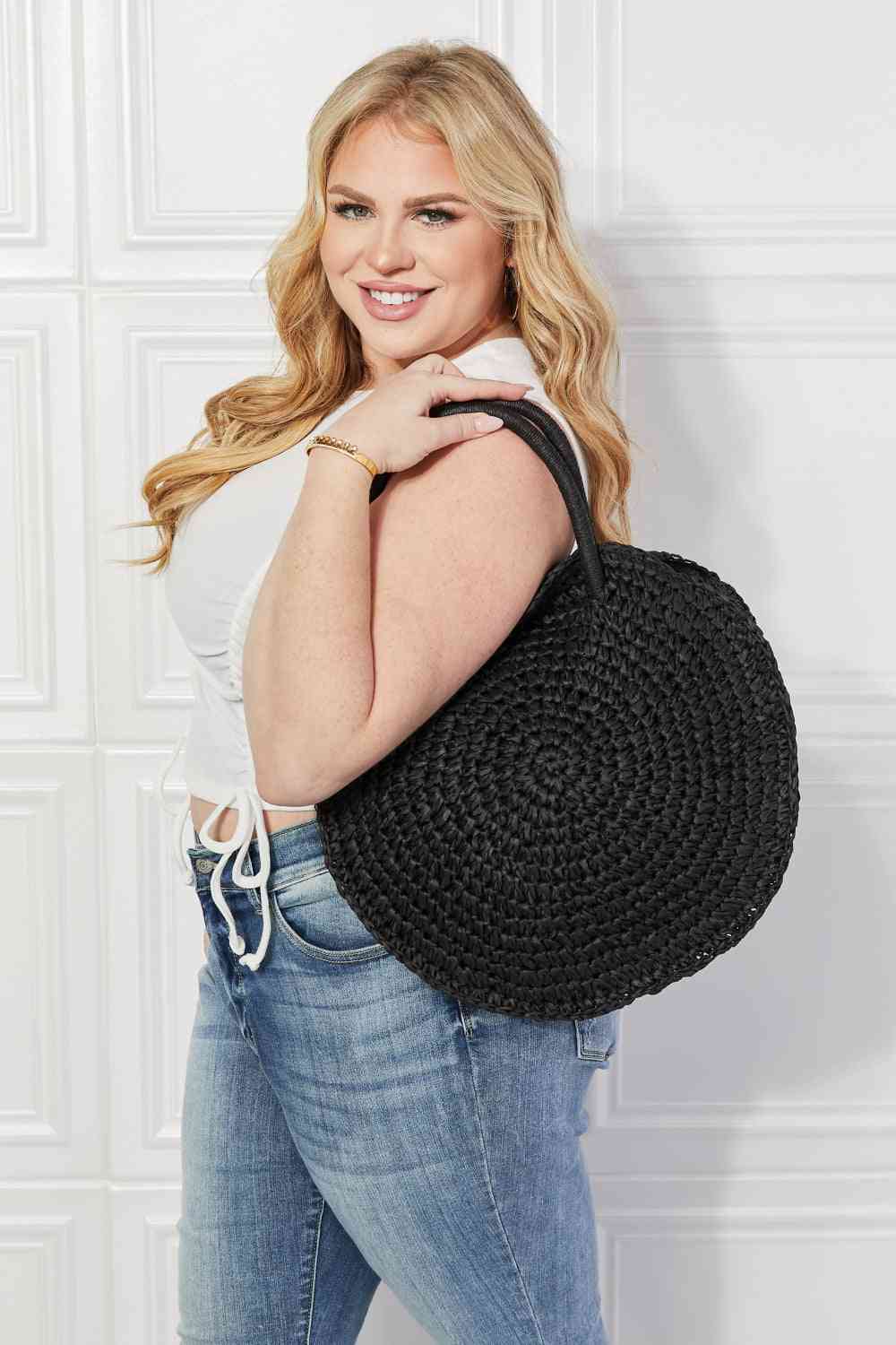 Trendsi Black / One Size Justin Taylor Beach Date Straw Rattan Handbag in Black Justin Taylor Beach Date Straw Rattan Handbag in Black