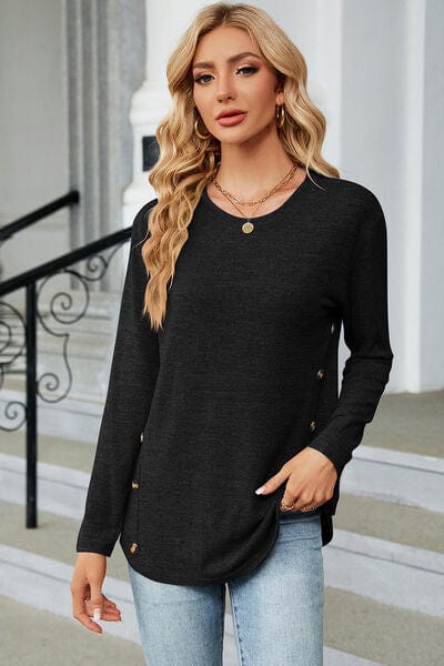 Trendsi Black / S Decorative Button Round Neck T-Shirt Decorative Button Round Neck T-Shirt