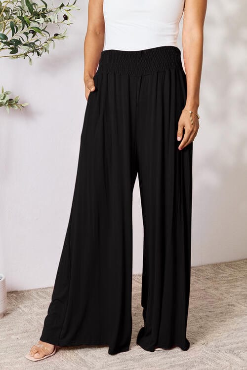 Trendsi Black / S Double Take Full Size Smocked Wide Waistband Wide Leg Pants Double Take Full Size Smocked Wide Waistband Wide Leg Pants