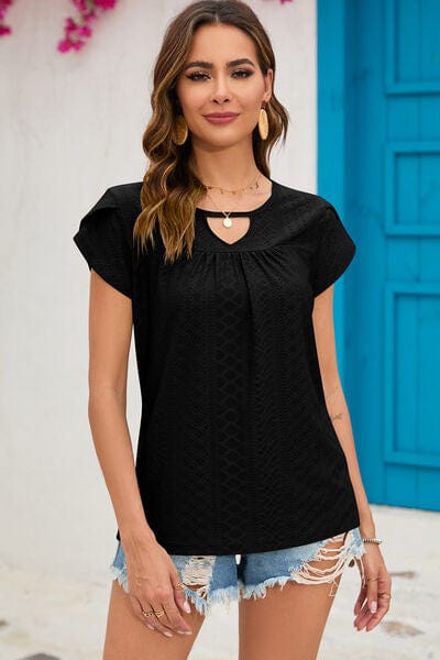 Trendsi Black / S Eyelet Round Neck Short Sleeve T-Shirt Eyelet Round Neck Short Sleeve T-Shirt