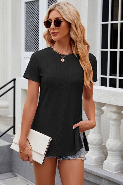 Trendsi Black / S Eyelet Slit Round Neck Short Sleeve T-Shirt Eyelet Slit Round Neck Short Sleeve T-Shirt