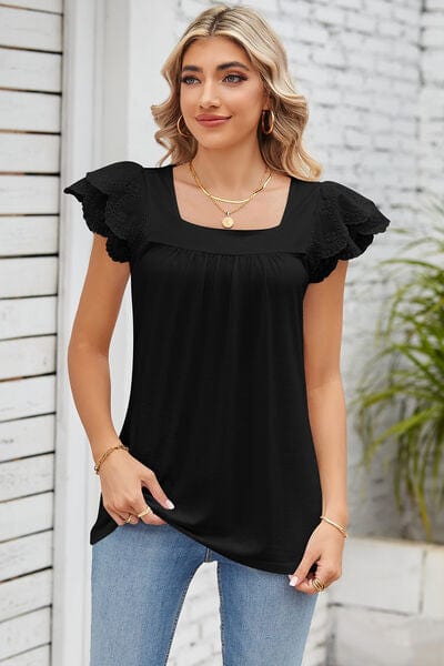 Trendsi Black / S Eyelet Square Neck Cap Sleeve Blouse Eyelet Square Neck Cap Sleeve Blouse