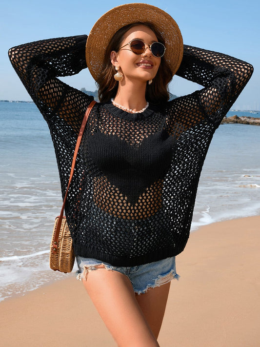 Trendsi Black / S Heart Openwork Long Sleeve Cover-Up Heart Openwork Long Sleeve Cover-Up