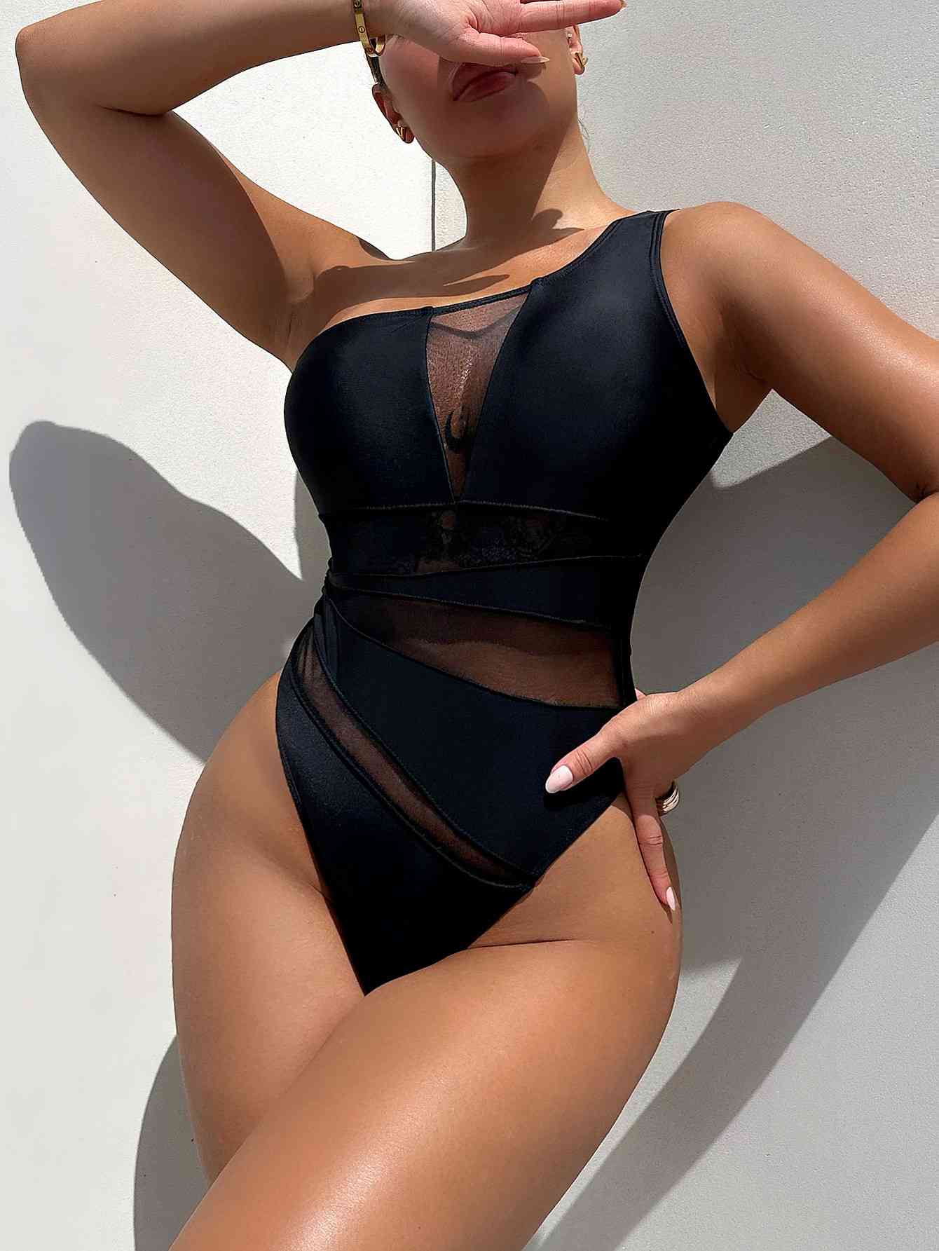 Trendsi Black / S One-Shoulder Sleeveless Mesh Cutout One-Piece Swimsuit One-Shoulder Sleeveless Mesh Cutout One-Piece Swimsuit