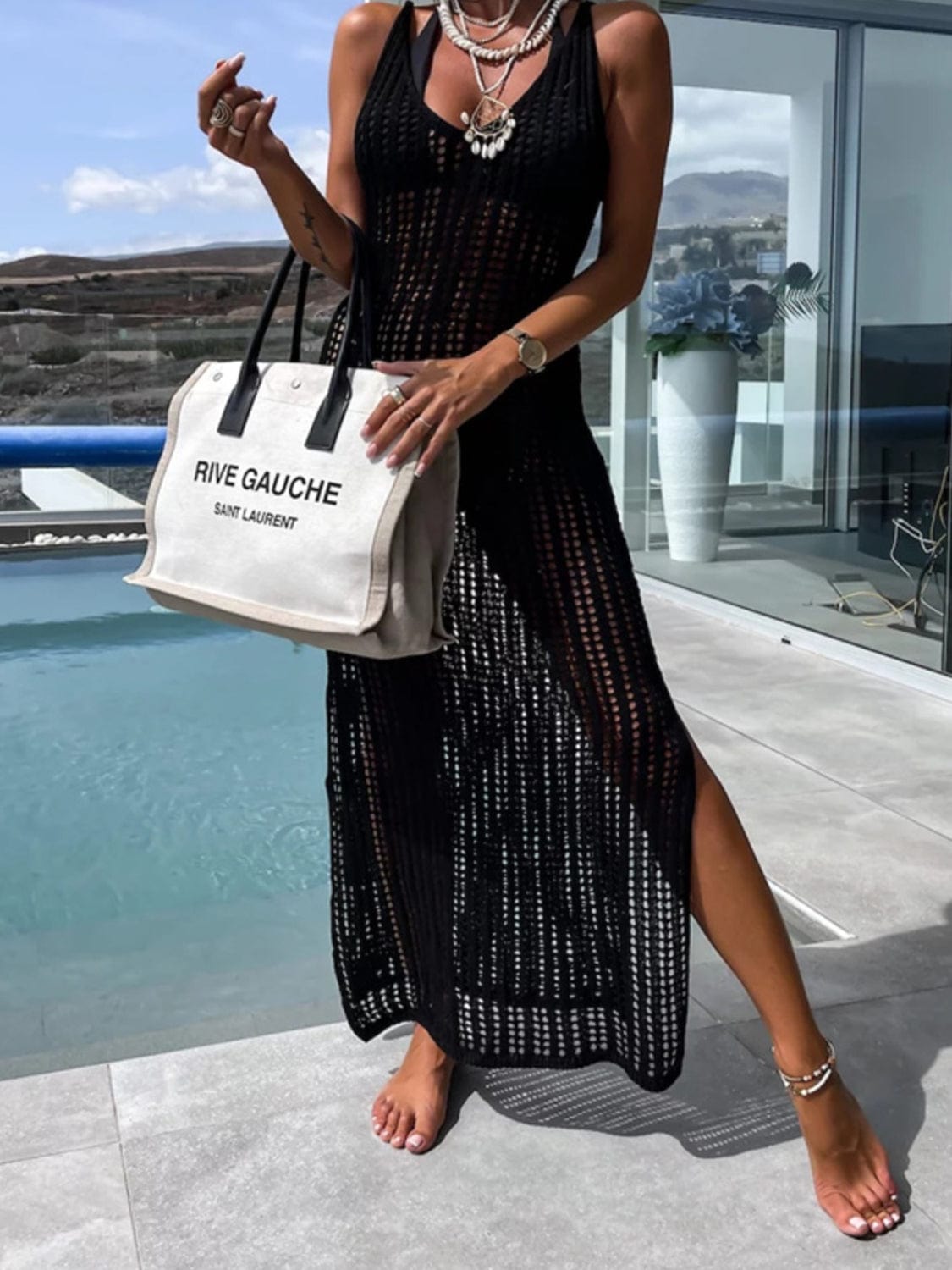 Trendsi Black / S Openwork Slit Cutout Wide Strap Dress Openwork Slit Cutout Wide Strap Dress