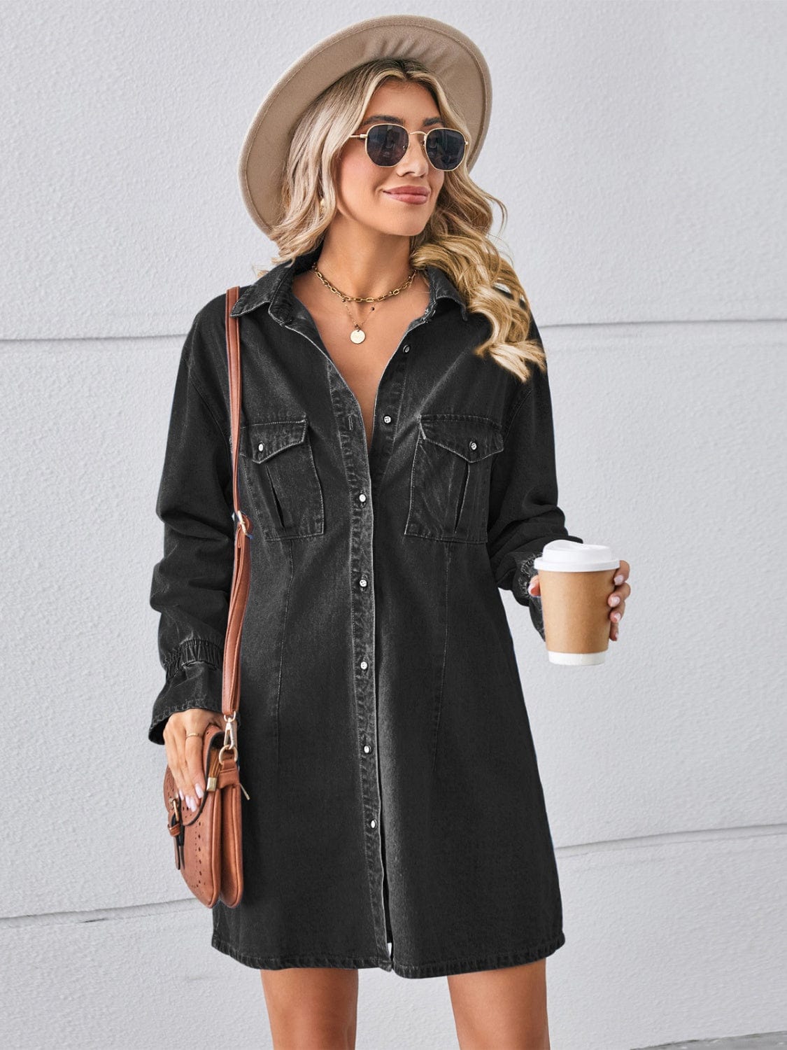 Trendsi Black / S Pocketed Dropped Shoulder Mini Denim Dress Pocketed Dropped Shoulder Mini Denim Dress