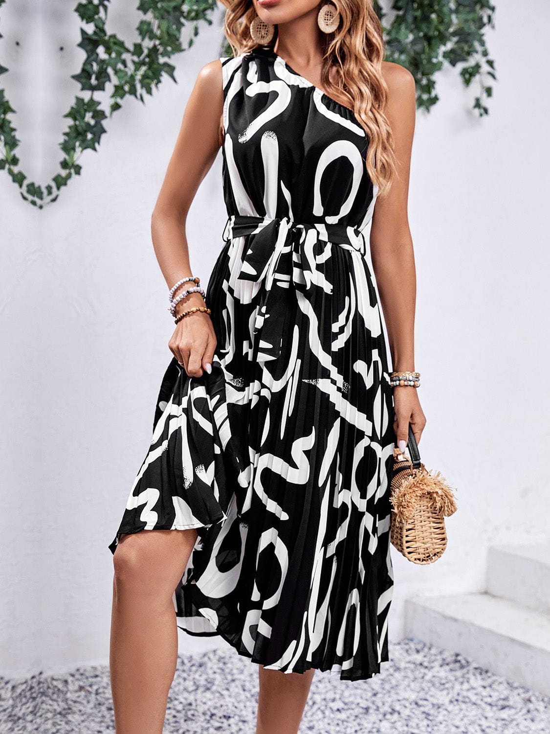 Trendsi Black / S Printed Single Shoulder Tie Waist Dress Printed Single Shoulder Tie Waist Dress