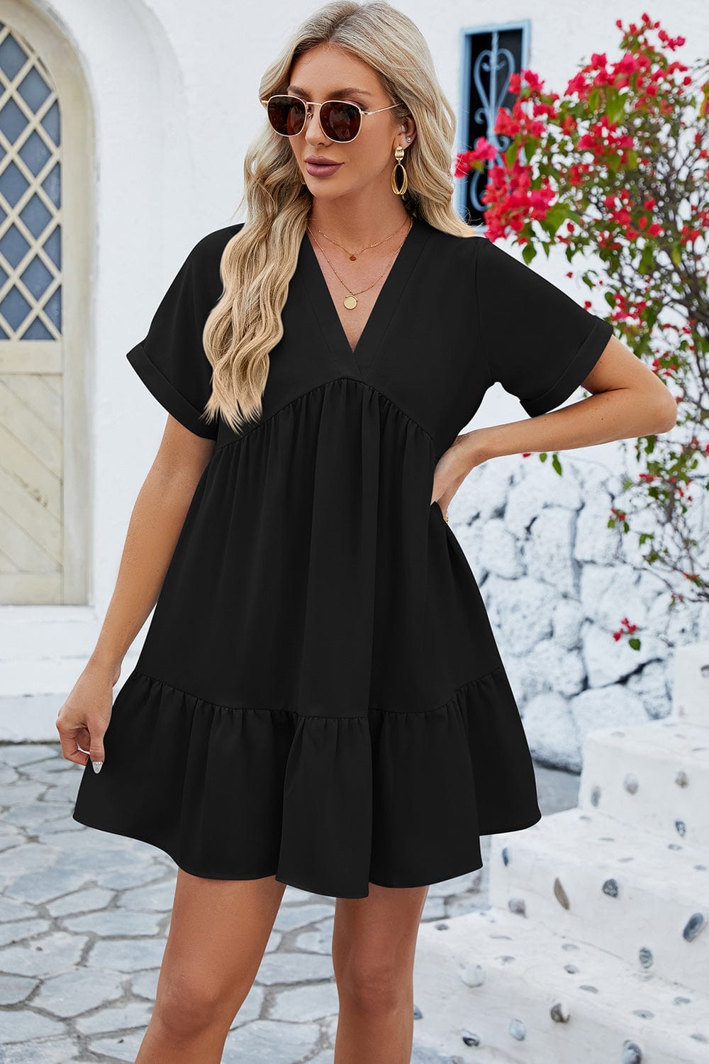 Trendsi Black / S Ruched Tiered V-Neck Short Sleeve Mini Dress Ruched Tiered V-Neck Short Sleeve Mini Dress