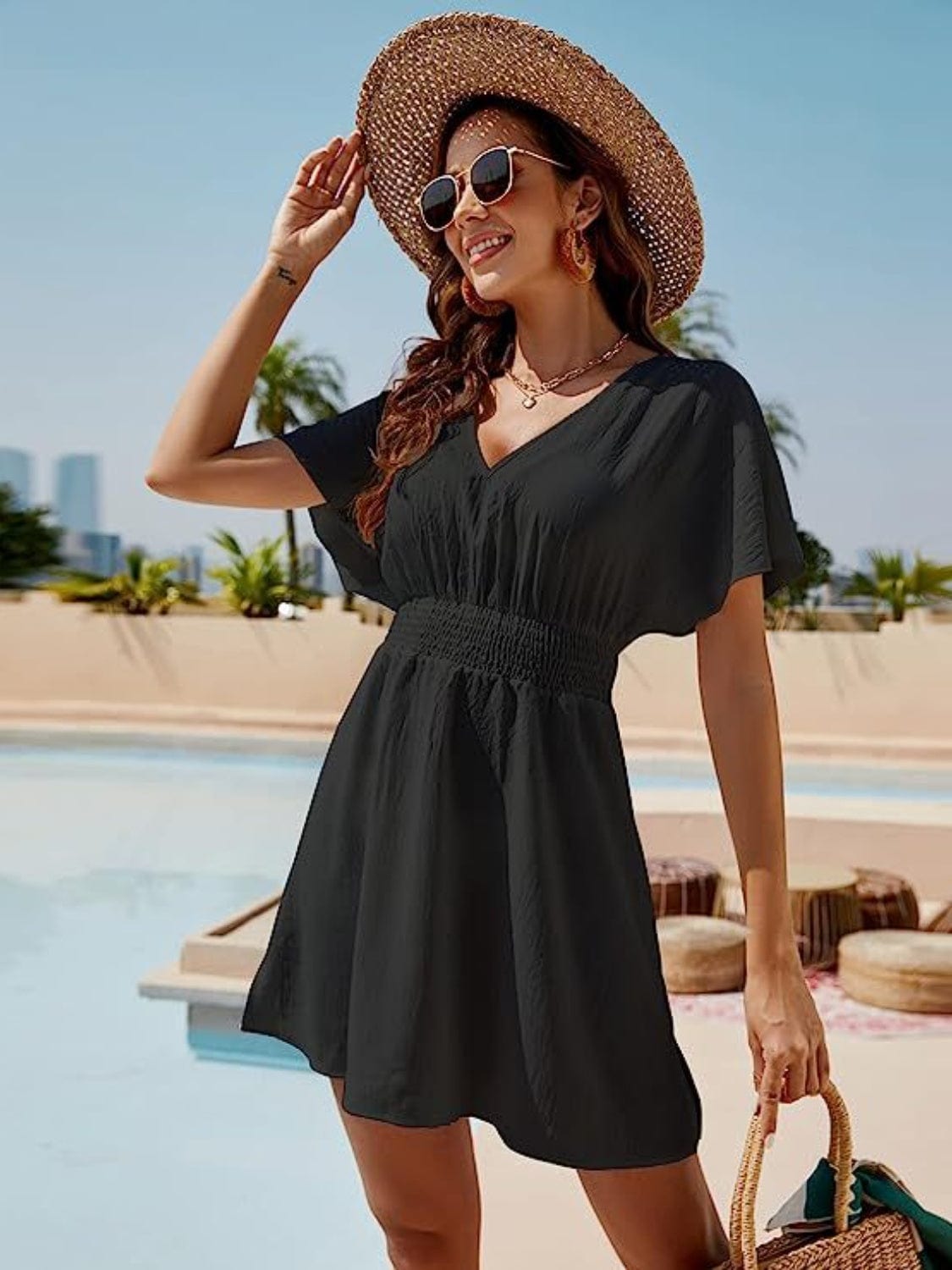 Trendsi Black / S Smocked V-Neck Short Sleeve Dress Smocked V-Neck Short Sleeve Dress