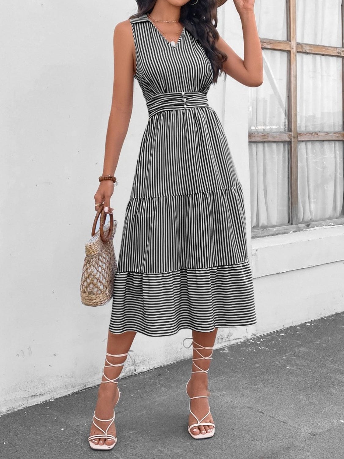 Trendsi Black / S Striped Johnny Collar Sleeveless Midi Dress Striped Johnny Collar Sleeveless Midi Dress