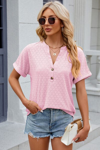Trendsi Blush Pink / S Eyelet Notched Short Sleeve T-Shirt Eyelet Notched Short Sleeve T-Shirt