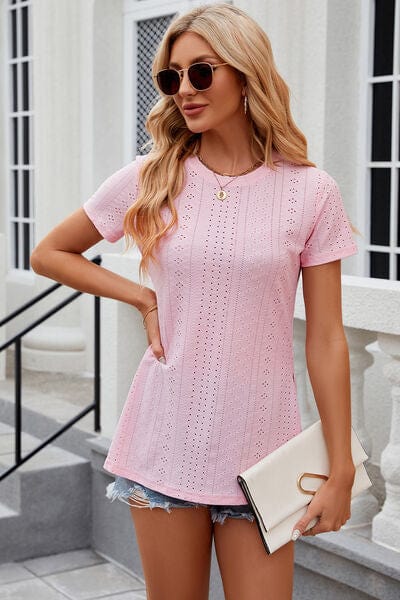 Trendsi Blush Pink / S Eyelet Slit Round Neck Short Sleeve T-Shirt Eyelet Slit Round Neck Short Sleeve T-Shirt