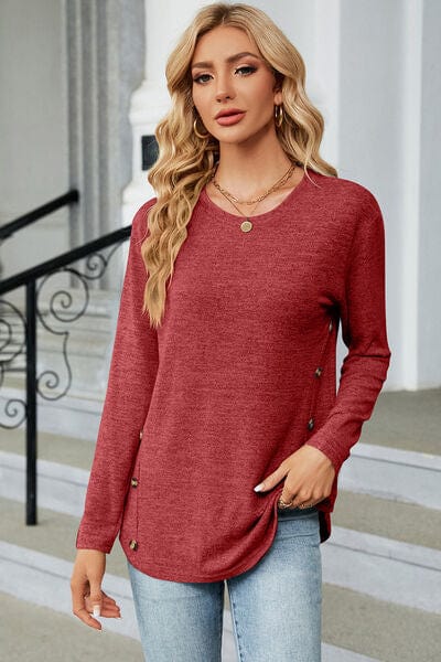 Trendsi Brick Red / S Decorative Button Round Neck T-Shirt Decorative Button Round Neck T-Shirt