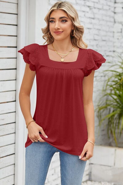 Trendsi Brick Red / S Eyelet Square Neck Cap Sleeve Blouse Eyelet Square Neck Cap Sleeve Blouse