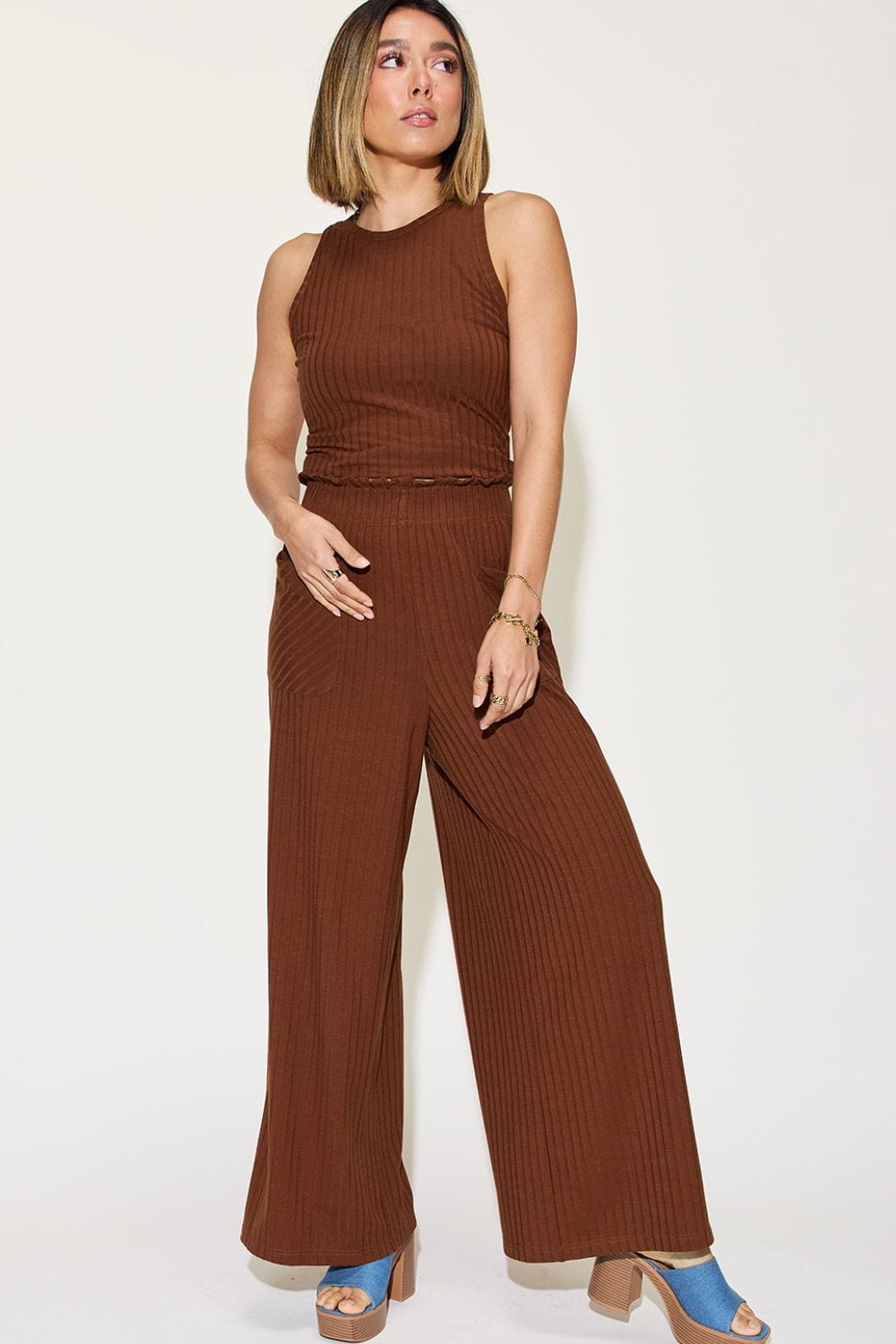 Trendsi Burnt  Umber / S Basic Bae Full Size Ribbed Tank and Wide Leg Pants Set Basic Bae Full Size Ribbed Tank and Wide Leg Pants Set