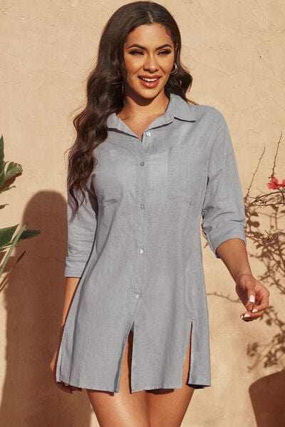 Trendsi Button-Up Longline Shirt with Breast Pockets Button-Up Longline Shirt with Breast Pockets