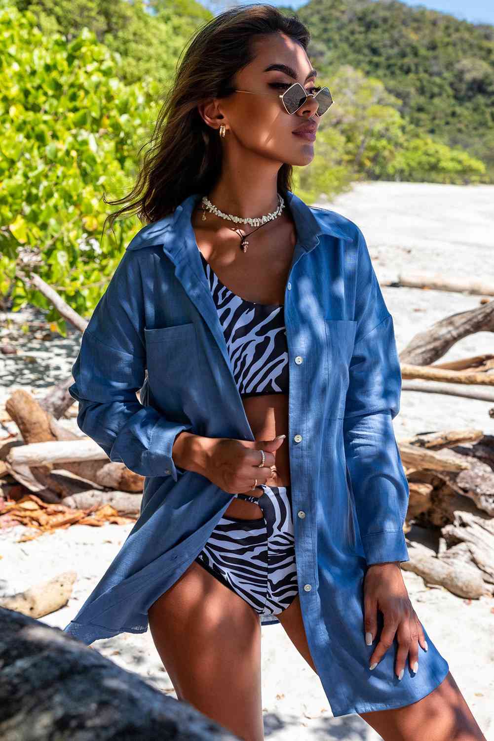 Trendsi Button-Up Longline Shirt with Breast Pockets Button-Up Longline Shirt with Breast Pockets